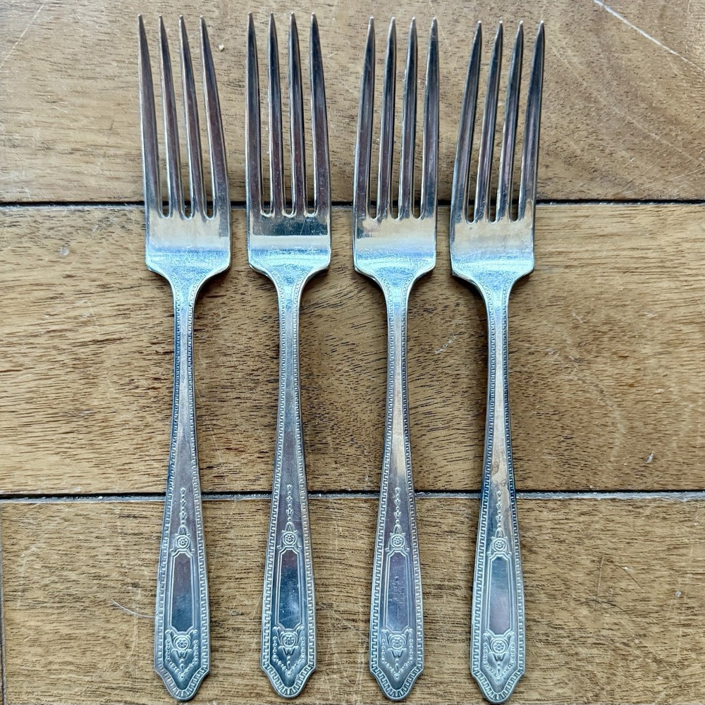 4pc VTG 30s Antique National Silver Company Silver Plate MARTINIQUE Dinner Forks